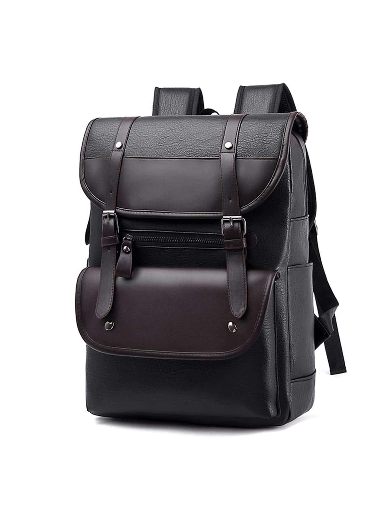 純色翻蓋鉗口裝飾大容量多功能背包，帶肩帶，適用於父親節禮物、夏季大學生書包，返校多功能宿舍大學生書包 - 黑色 - 查看 1