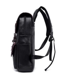 純色翻蓋鉗口裝飾大容量多功能背包，帶肩帶，適用於父親節禮物、夏季大學生書包，返校多功能宿舍大學生書包 - 黑色 - 查看 3