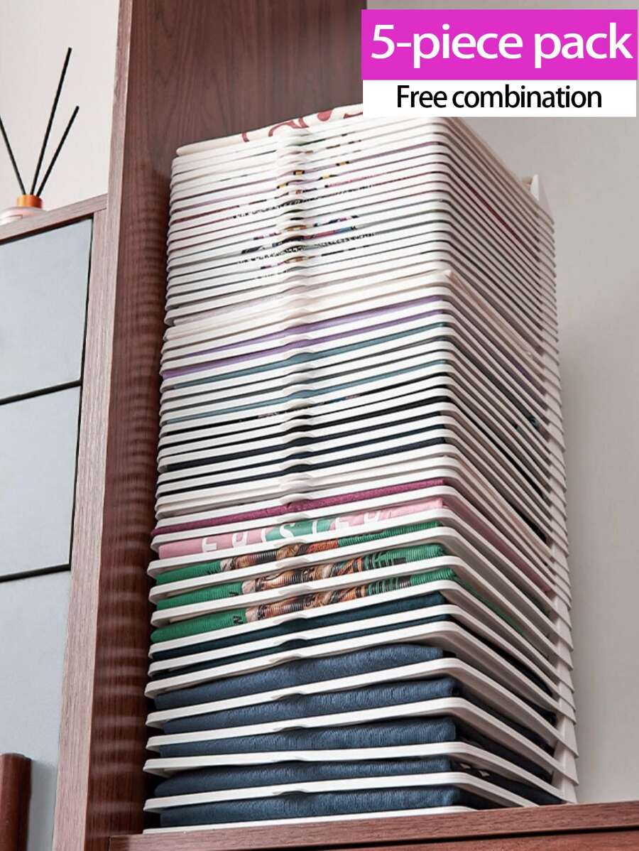 5入組創意塑料懶人衣服摺疊板，節省衣櫥空間的工具，可摺疊男女襯衫與T恤整理架，衣服和褲子分隔板