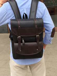 純色翻蓋鉗口裝飾大容量多功能背包，帶肩帶，適用於父親節禮物、夏季大學生書包，返校多功能宿舍大學生書包 - 黑色 - 查看 7