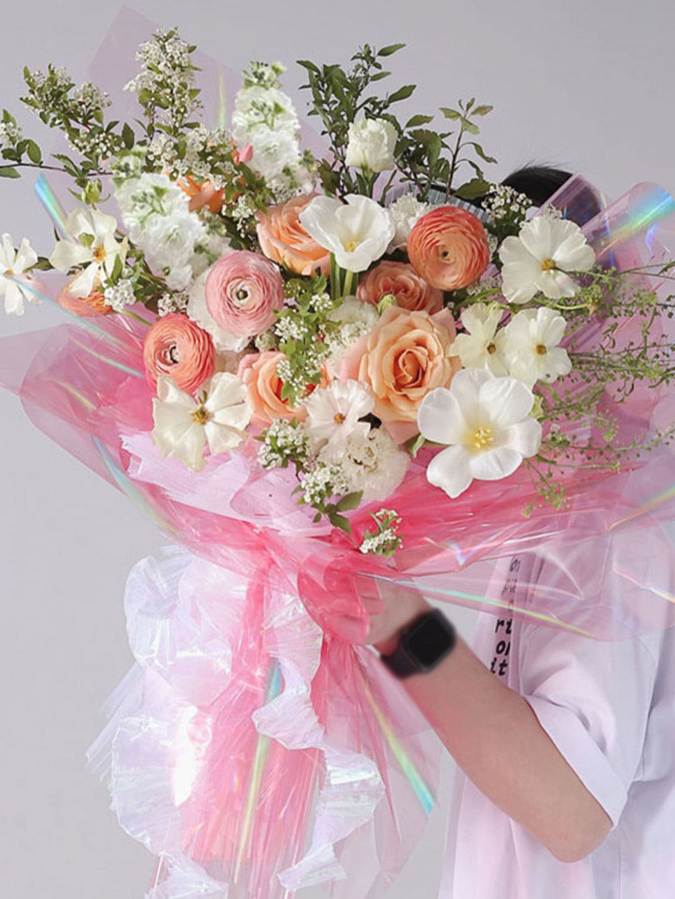 15 piezas/set Papel para envolver flores de colores vidrio transparente papel para flor comercio floral ramo embalaje material - Rosa - Ver 1