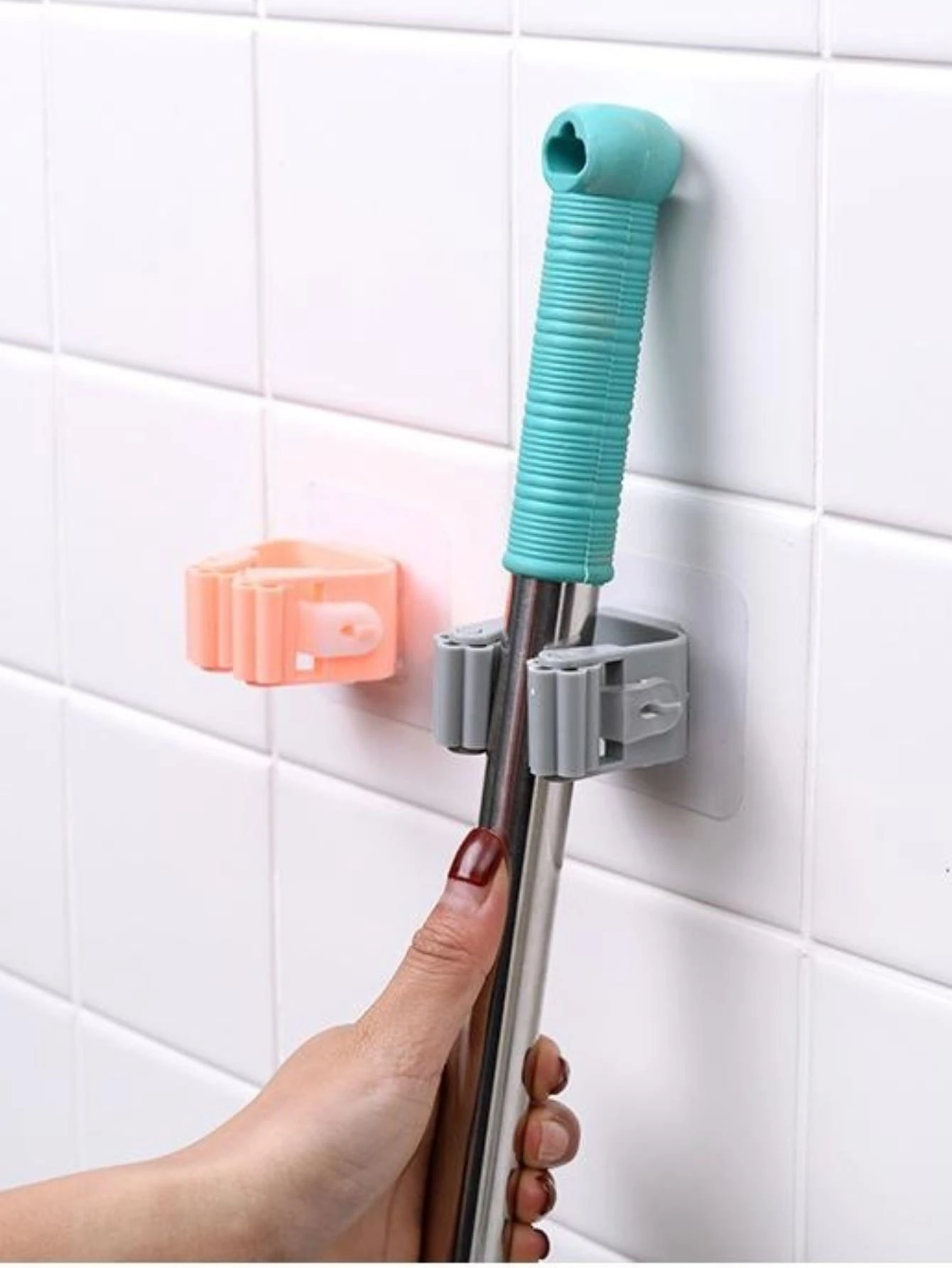 1入組拖把架，無需鑽孔，強力粘合劑，掃帚夾，浴室、廚房和壁櫥壁掛式衣架 - 白色 - 查看 1