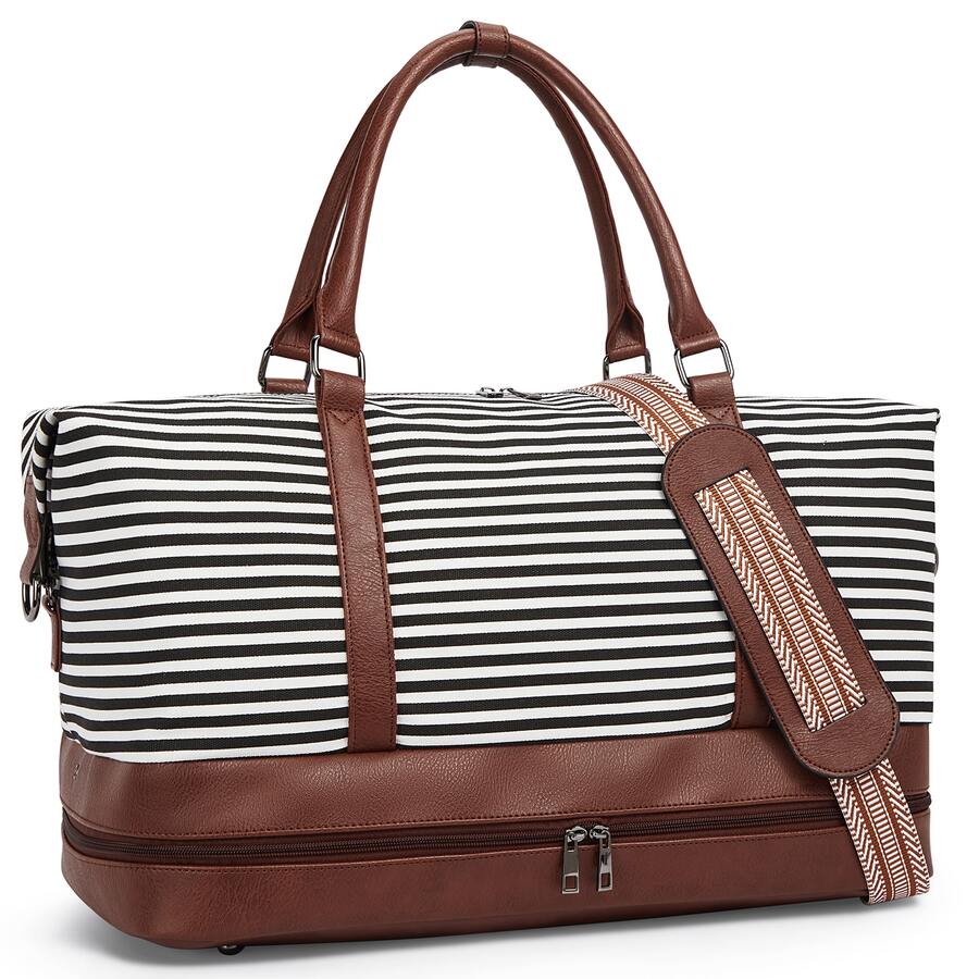 BOSTANTEN Weekender Bags for Women Canvas Travel Duffel Bag Large Overnight Bag Carry On Tote with Shoe Compartment and Trolley Sleeve - 黑與白 - 查看 1