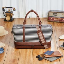 BOSTANTEN Weekender Bags for Women Canvas Travel Duffel Bag Large Overnight Bag Carry On Tote with Shoe Compartment and Trolley Sleeve - 黑與白 - 查看 3