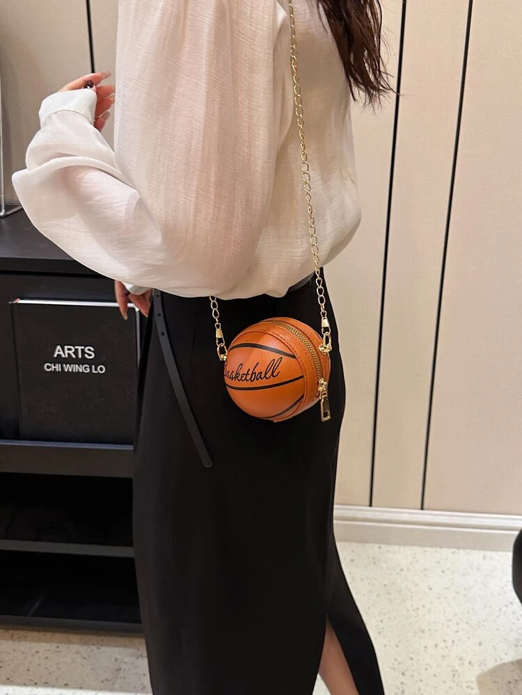 Unique Mini Brown Shoulder Messenger Crossbody Bag, Fashion Basketball Chain Circular Bag