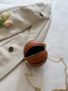 Unique Mini Brown Shoulder Messenger Crossbody Bag, Fashion Basketball Chain Circular Bag