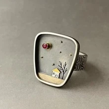 1pc Minimalist Vintage Geometric Doodle Flower House & Tree Design Ring Inlaid With Rhinestone, Retro Ring For Women - Antique Silver - View 1