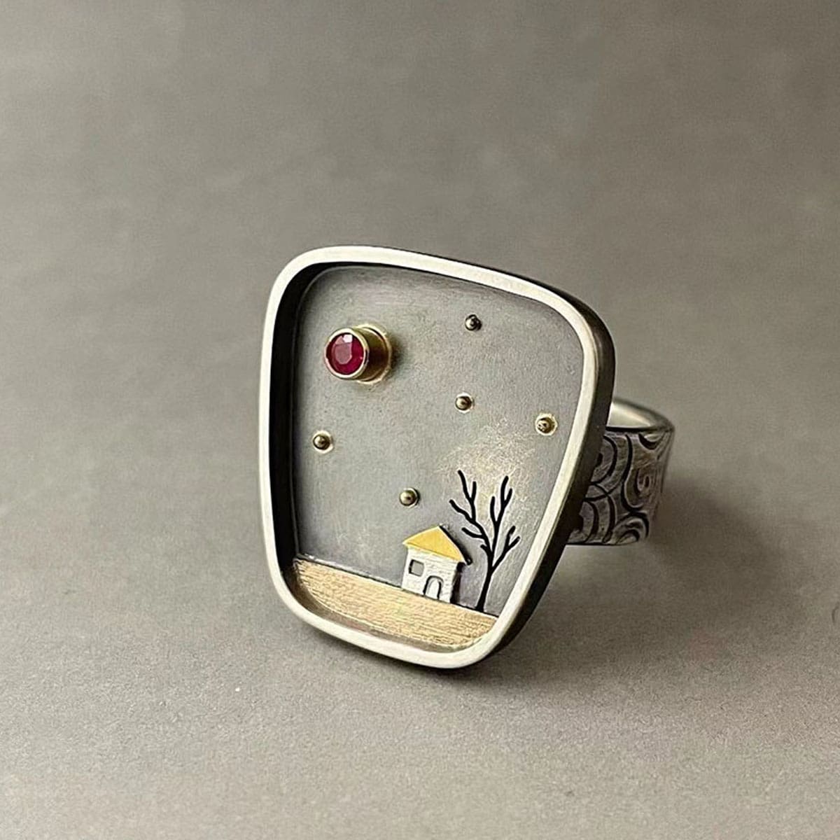 1pc Minimalist Vintage Geometric Doodle Flower House & Tree Design Ring Inlaid With Rhinestone, Retro Ring For Women - Antique Silver - View 1