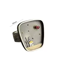 1pc Minimalist Vintage Geometric Doodle Flower House & Tree Design Ring Inlaid With Rhinestone, Retro Ring For Women - Antique Silver - View 5