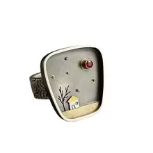 1pc Minimalist Vintage Geometric Doodle Flower House & Tree Design Ring Inlaid With Rhinestone, Retro Ring For Women - Antique Silver - View 4