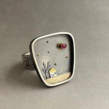 1pc Minimalist Vintage Geometric Doodle Flower House & Tree Design Ring Inlaid With Rhinestone, Retro Ring For Women - Antique Silver - View 3