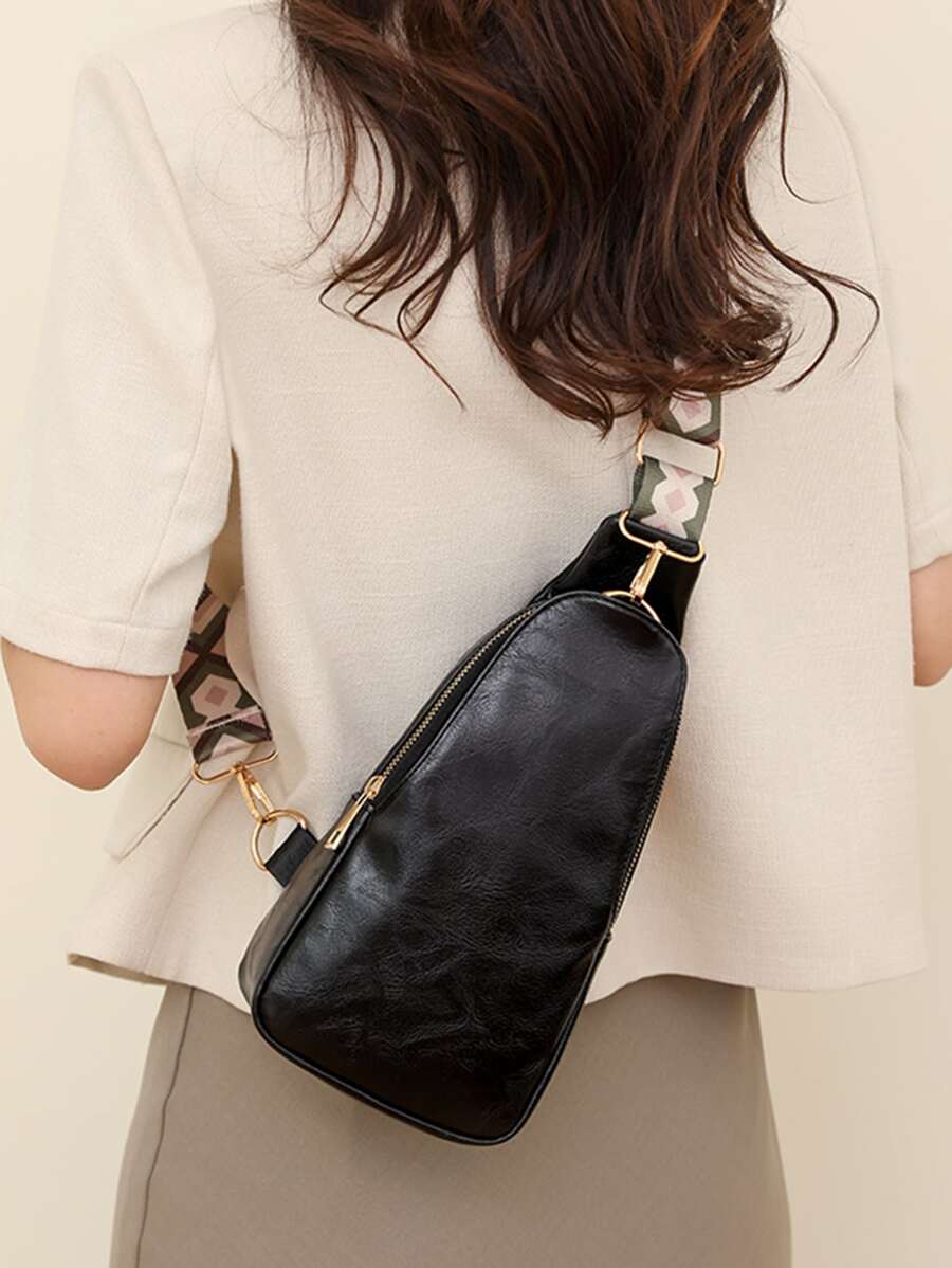 Túi đeo chéo đa năng thời trang PU ba lớp Túi đeo vai có dây đeo rộng - màu đen - Xem 1
