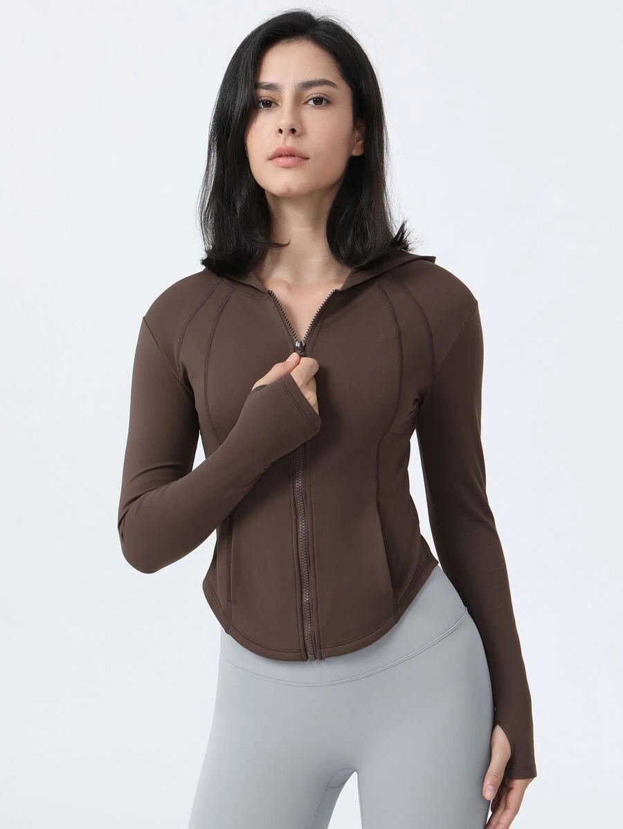 Solid Zip Up Asymmetrical Hem Sports Sweatshirt - Brown - View 1