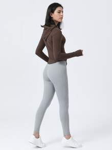 Solid Zip Up Asymmetrical Hem Sports Sweatshirt - Brown - View 5