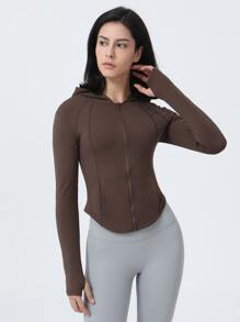 Solid Zip Up Asymmetrical Hem Sports Sweatshirt - Brown - View 4