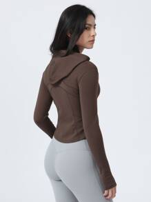 Solid Zip Up Asymmetrical Hem Sports Sweatshirt - Brown - View 3