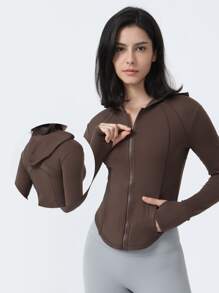 Solid Zip Up Asymmetrical Hem Sports Sweatshirt - Brown - View 6