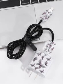 5 piezas con estampado de mariposa Cubierta de la cabeza del cargador & espiral Protector de cable de dato Set compatible con manzana Cargador - Negro - Ver 2