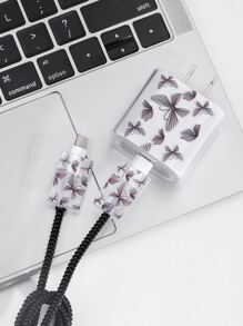 5 piezas con estampado de mariposa Cubierta de la cabeza del cargador & espiral Protector de cable de dato Set compatible con manzana Cargador - Negro - Ver 3