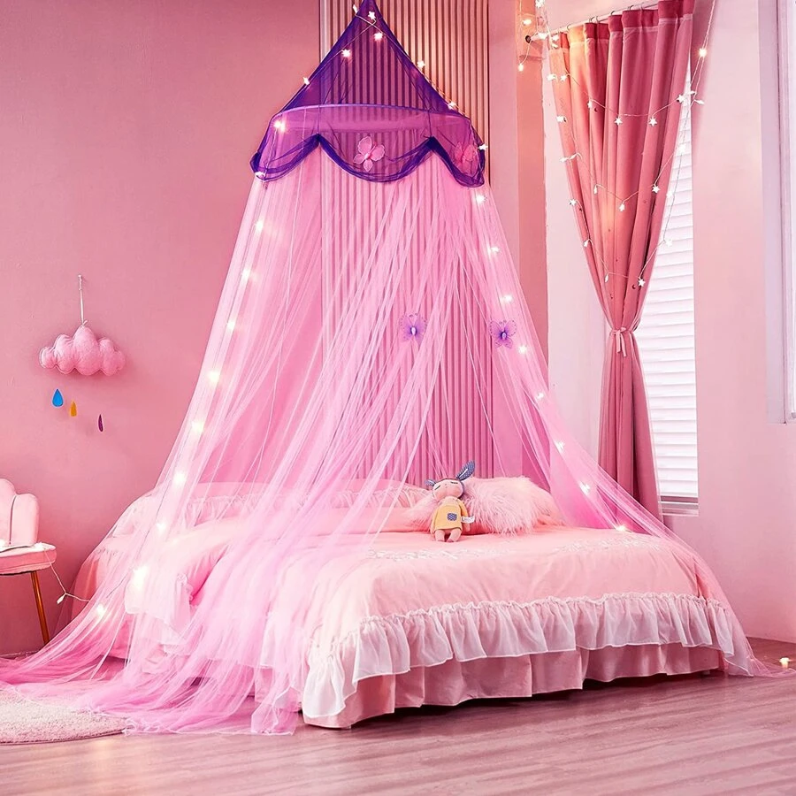 Bed Canopy For Bedroom Decoration, Canopy Bed Curtain Hanging Mosquito Net Bed Curtain, Princess Round Dome Hanging Netting Curtains (Purple & Pink) - purple and pink - View 1