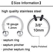 CIZME 1 bộ 9 chiếc Mũi hình chữ U & Nhẫn vách ngăn với 6 quả bóng thay thế, 16g Bộ trang sức mũi, môi, khuyên tai thời trang, thép không gỉ, bạc, đen, cầu vồng, 10 mm - Nhiều màu - Xem 2