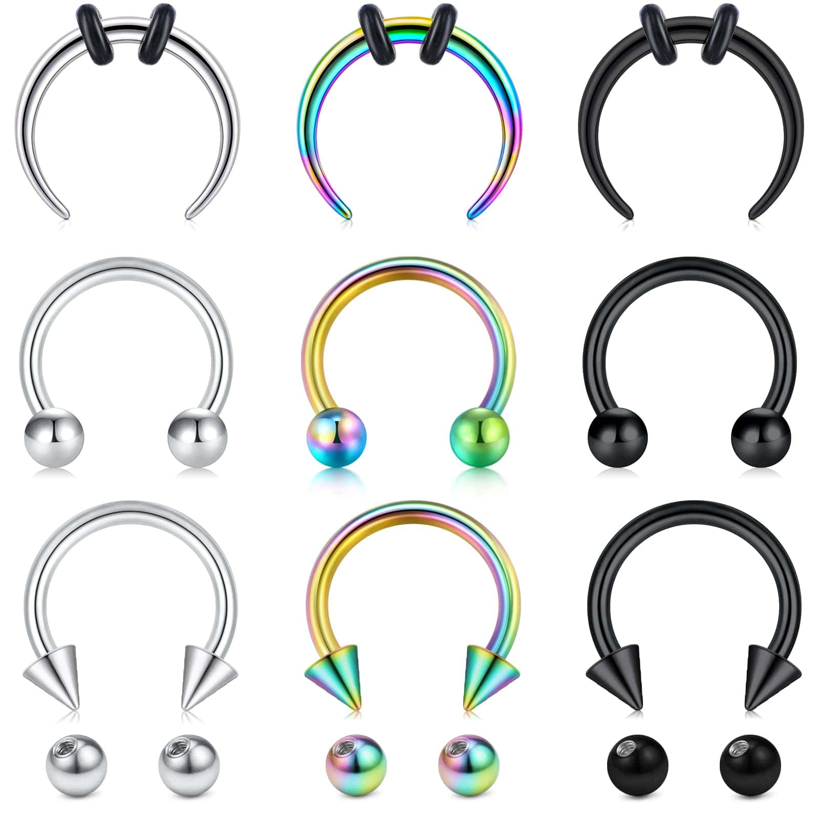 CIZME 1 bộ 9 chiếc Mũi hình chữ U & Nhẫn vách ngăn với 6 quả bóng thay thế, 16g Bộ trang sức mũi, môi, khuyên tai thời trang, thép không gỉ, bạc, đen, cầu vồng, 10 mm - Nhiều màu - Xem 1