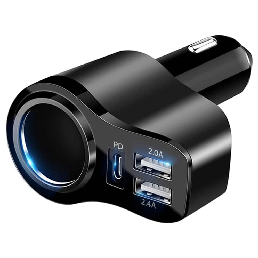 4 合 1 车载充电器，带双 USB + Type-C 端口，汽车点烟器适配器，带快速充电功能 - 黑色 - 查看 1
