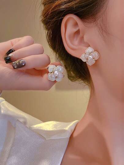 topshiny 优雅复古山茶花珍珠耳环，时尚个性女士耳环