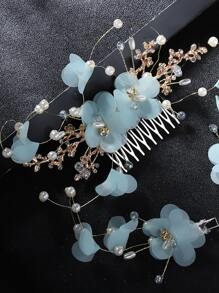3pcs/set Light Blue Flower Mesh Bridal Hair Comb & Clip Set - Baby Blue - View 1
