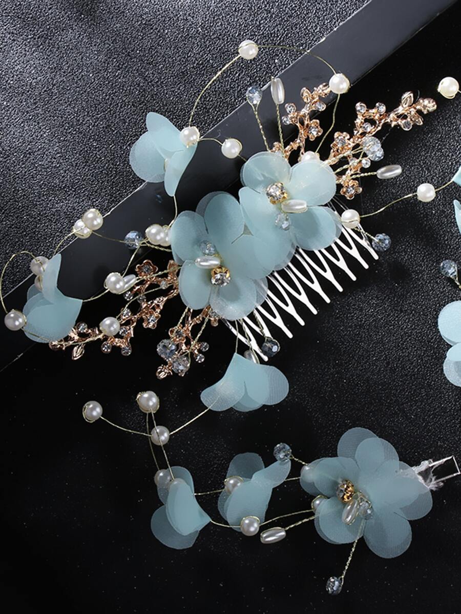 3pcs/set Light Blue Flower Mesh Bridal Hair Comb & Clip Set - Baby Blue - View 1