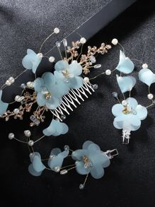 3pcs/set Light Blue Flower Mesh Bridal Hair Comb & Clip Set - Baby Blue - View 2
