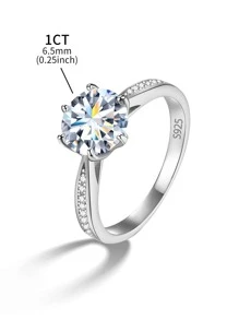 Newsoul 1PC Luxury Real 1CT Moissanite Rhinestone Rings For Women 925 Sterling Silver Wedding Engagement Eternal Promise Ring Fine Jewelry Anniversary Gift Bridal Jewelry - Silver - View 6