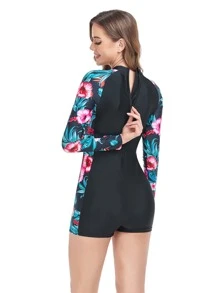 Tropical Print Zipper Back Raglan Sleeve One Piece Swimsuit - Black - View 4