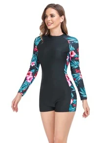 Tropical Print Zipper Back Raglan Sleeve One Piece Swimsuit - Black - View 3