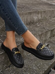 女士時尚金屬鏈裝飾幾何質感紋理休閒戶外穆勒鞋 - 黑色 - 查看 2