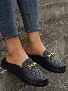 女士時尚金屬鏈裝飾幾何質感紋理休閒戶外穆勒鞋 - 黑色 - 查看 1