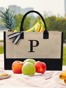 最初黃麻/帆布托特包,個性化禮物包,合適適合婚禮,生日,海灘,假期,是A偉大禮品適合女士,媽媽,教師,朋友們,伴娘,學生,大包,返校,(圍巾隨機) - 卡其色 - 查看 2