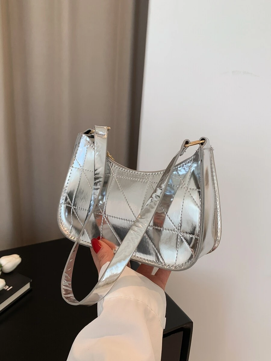 Mini Geometric Pattern Silver Shoulder Bag - Silver - View 1