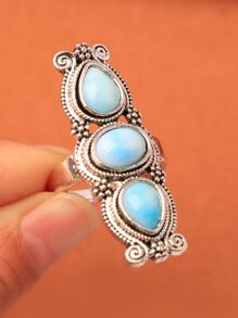 誇張長款度假風格燈藍色條紋綠松石色戒指 - 淺藍色 - 查看 5