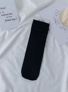 1雙女士素色休閒中筒襪適用於日常生活 - 黑色 - 查看 3