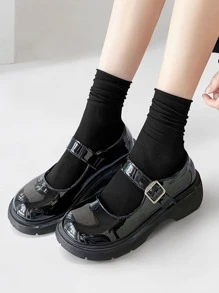 1雙女士素色休閒中筒襪適用於日常生活 - 黑色 - 查看 1