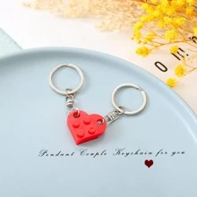 Unicra Brick Couples Keychains Friendship Matching Heart Keychain Set Wedding Anniversary Key Ring for Boyfriend Girlfriend - 紅色 - 查看 2