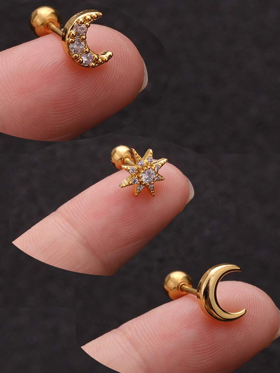 3 piezas de pendientes de acero inoxidable con circonita cúbica, adecuados para cartílago, hélix, perforación del concha interna - Amarillo Oro - Ver 1
