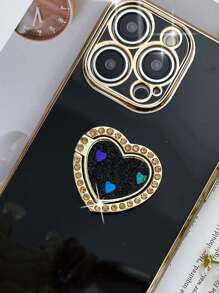 Funda de teléfono con baño de metal y soporte de anillo con corazón de rhinestone - Negro - Ver 3