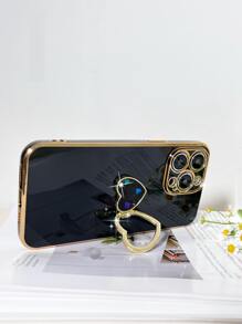 Funda de teléfono con baño de metal y soporte de anillo con corazón de rhinestone - Negro - Ver 4