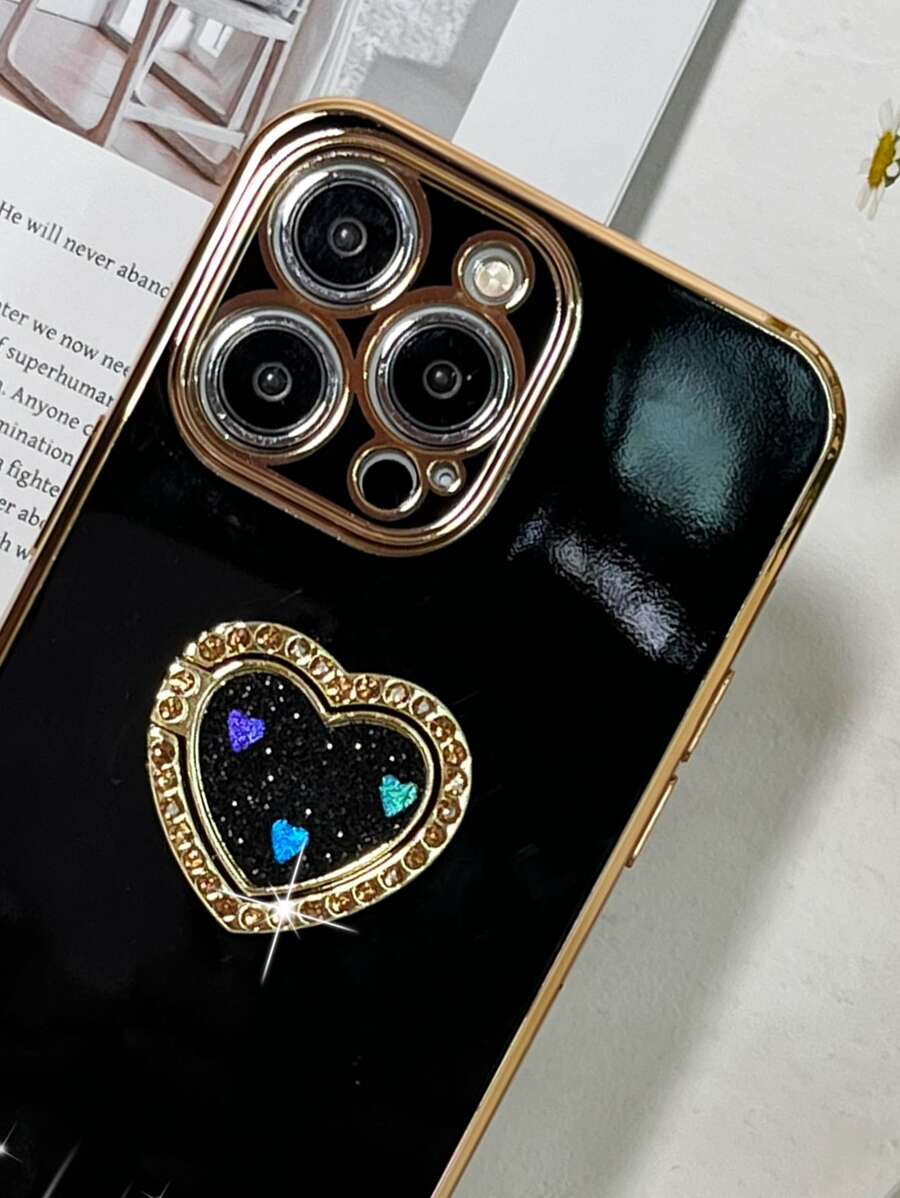 Funda de teléfono con baño de metal y soporte de anillo con corazón de rhinestone - Negro - Ver 1