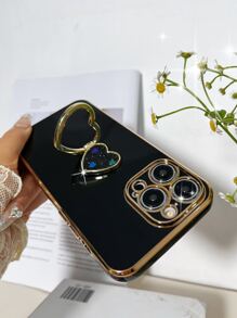Funda de teléfono con baño de metal y soporte de anillo con corazón de rhinestone - Negro - Ver 2
