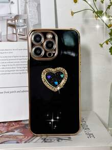 Funda de teléfono con baño de metal y soporte de anillo con corazón de rhinestone - Negro - Ver 6