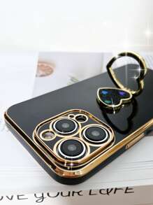 Funda de teléfono con baño de metal y soporte de anillo con corazón de rhinestone - Negro - Ver 5