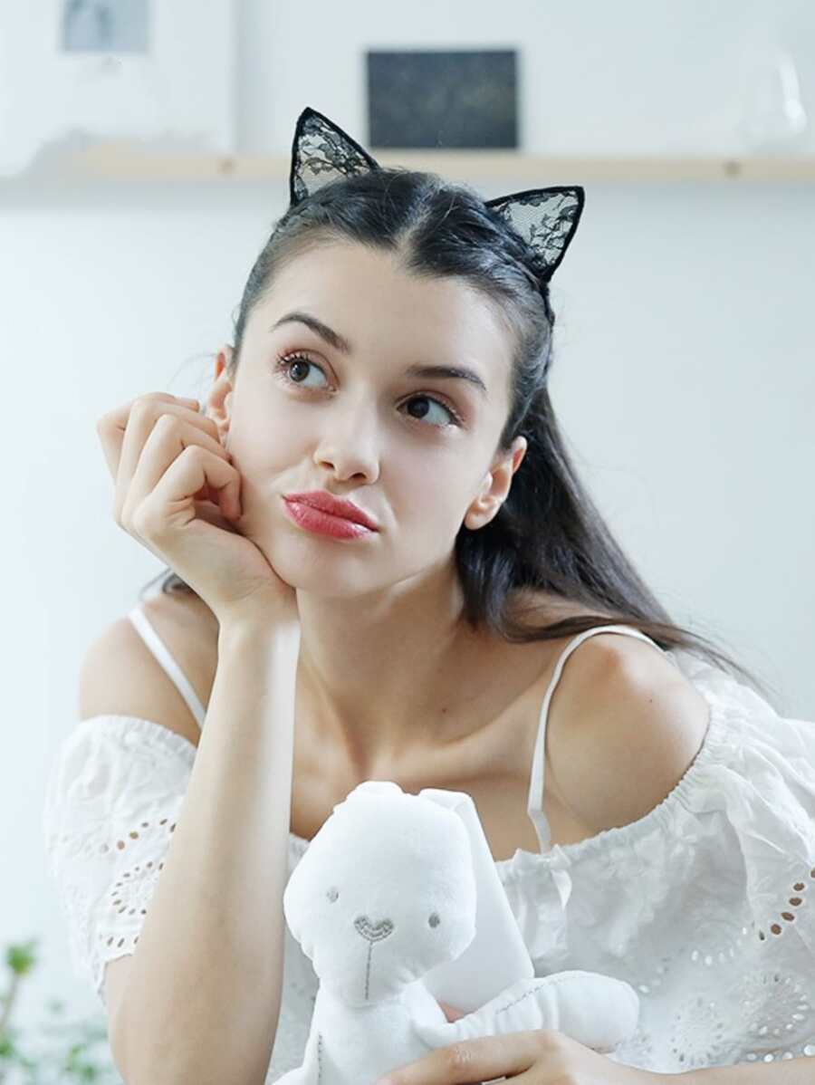 1 băng đô ren tai mèo dễ thương cho tiệc tùng, ngày lễ tình nhân tai mèo - màu đen - Xem 1